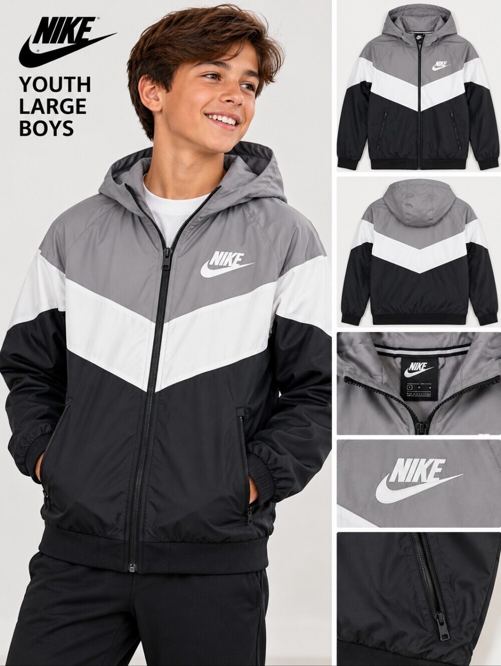 Nike Gray Black White Hooded Jacket with Mesh Lining